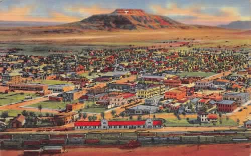 Early 1900s aerial view of Tucumcari, New Mexico, with its namesake mountain in the background